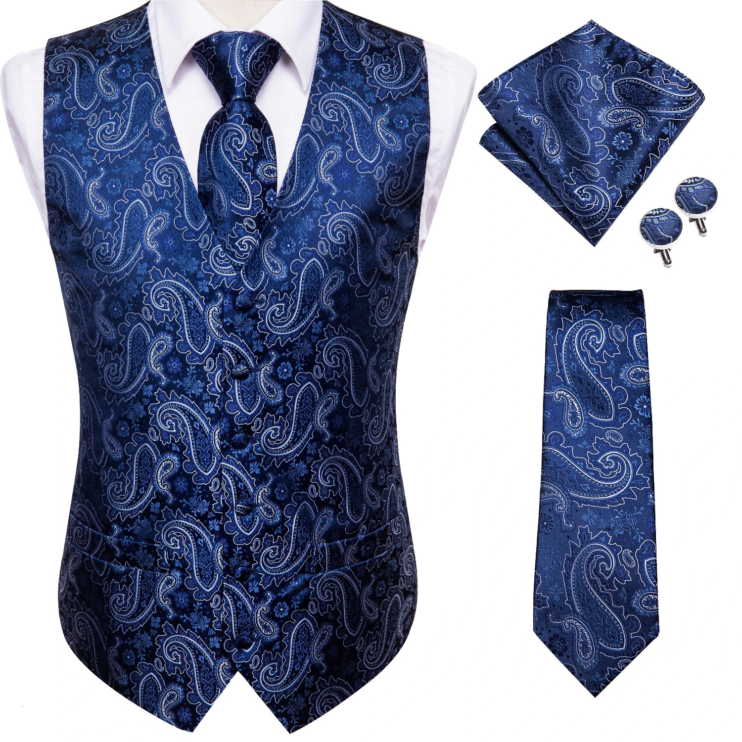 Hi-Tie Navy Blue Mens Vest Formal Silk Paisley Waistcoat Jacket Tie Handkerchief Cufflinks Set For Male Dress Suit Wedding Party 240615