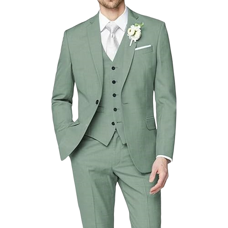 3 Piece Men Slim Fit Suits Wedding Tuxedos Groomsmen Prom Business Dusty Green Suit One Button Blazer Jacket Vest Pants Tuxedo Set Groom Wear