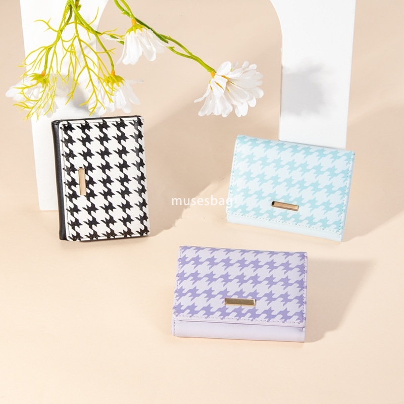 Fashionable Women's High end Fashionable Classic Wallet 30% Discount PU Cute Pattern Thousand Bird Grid Short Practical Multi functional Student 