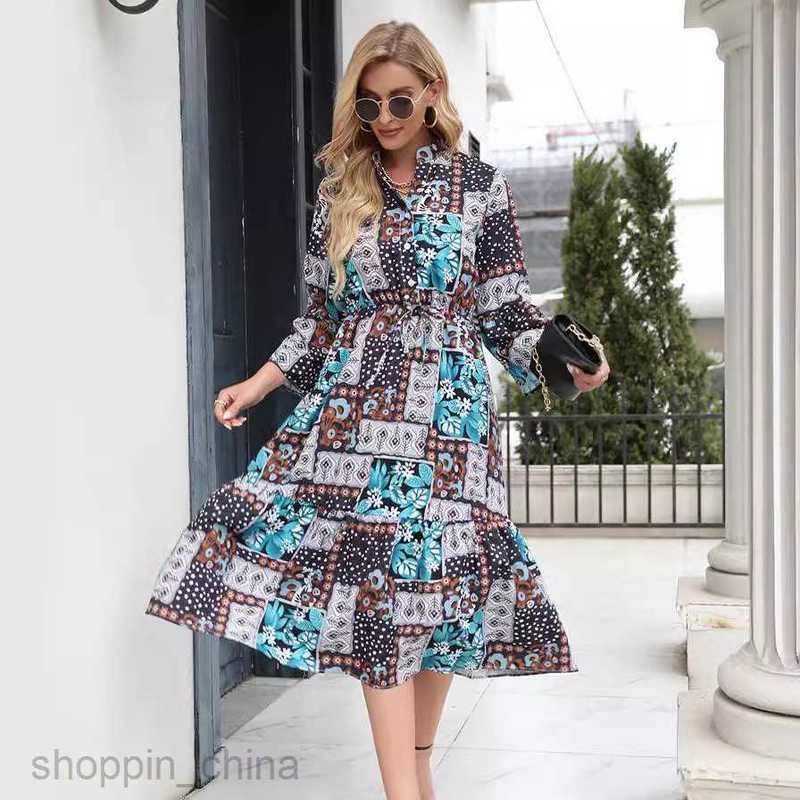 Basic Casual Dresses Women Dress Women's autumn and winter print lace up medium length long-sleeved dress