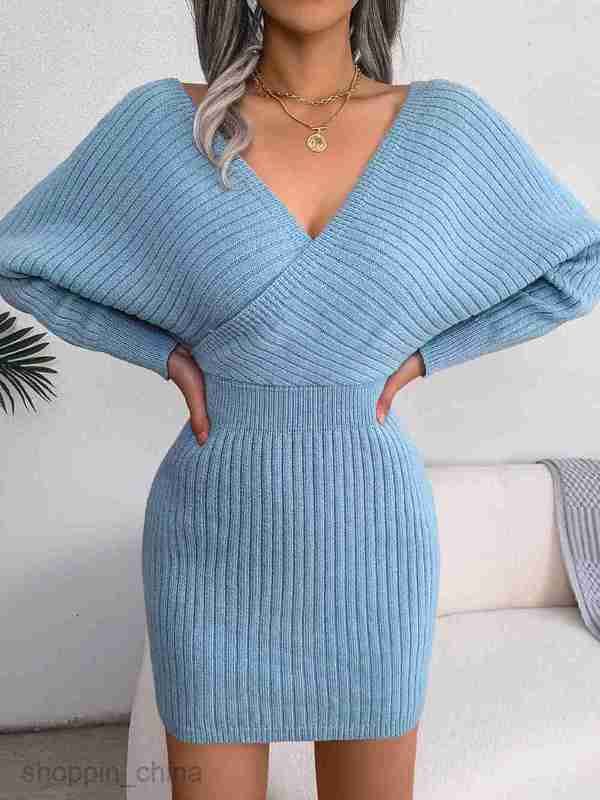 Women Casual Dresses fashion dress Autumn/Winter Sexy Cross V-Neck Bat Skirt Wrapped Hip Dress Woolen Dress Women's Wear