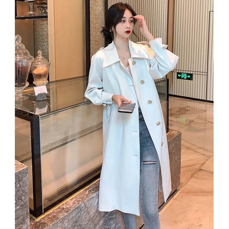 Spinrg Autumn Womens Trench Coat Long Sleeve Vintage Overcoat Lady lapel Sashes Knee Length White Outerwear Windbreaker top 240625