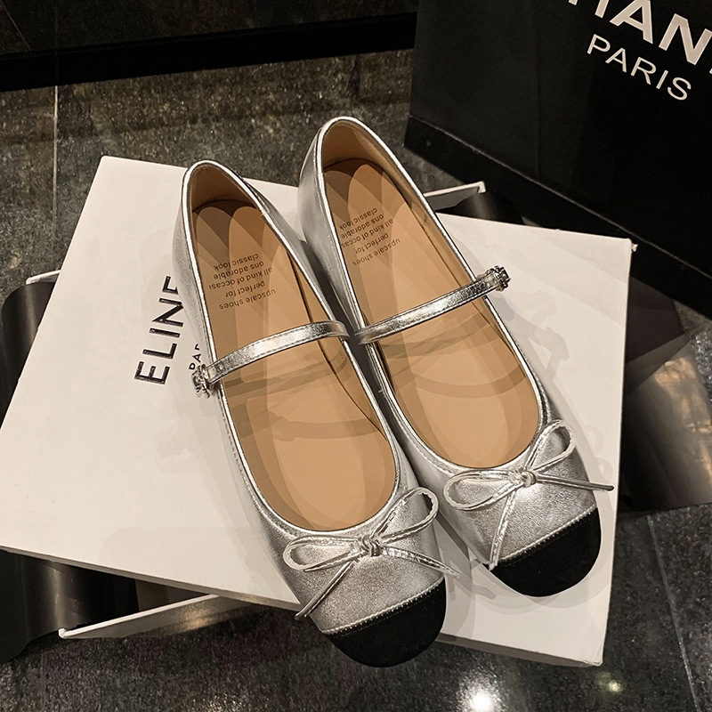 Straight with little red shoes bow shallow single shoes women's spring 2024 new flat Mary Jane ballet shoes