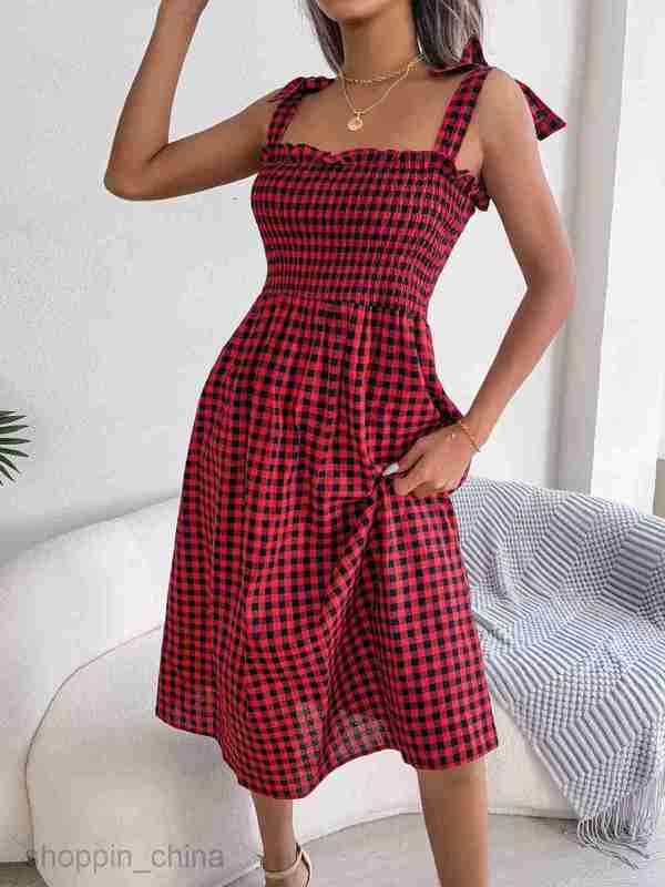 Women Casual Dresses fashion dress style spring summer casual lace up contrast Plaid medium length dress women's dress