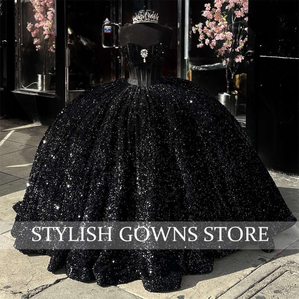 Black Sequined Sweetheart Ball Gown Quinceanera Dress For Girls Crystal Beaded Birthday Party Gowns Prom Dresses Robe De Bal 0914