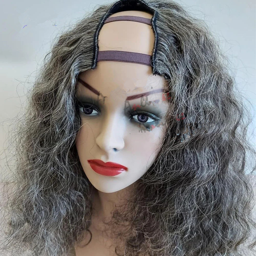Black and Grey Wig for Black Women Highlight Grey Colored U Part Wig Human Hair 2x4 Curly UPart