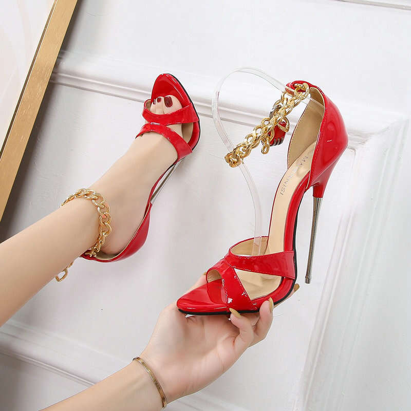 16Cm Extreme Ultra High Heels Heel Women's Plus-Size High-Heeled With Locked Metal Chain Points Night Club Sandals Kq8