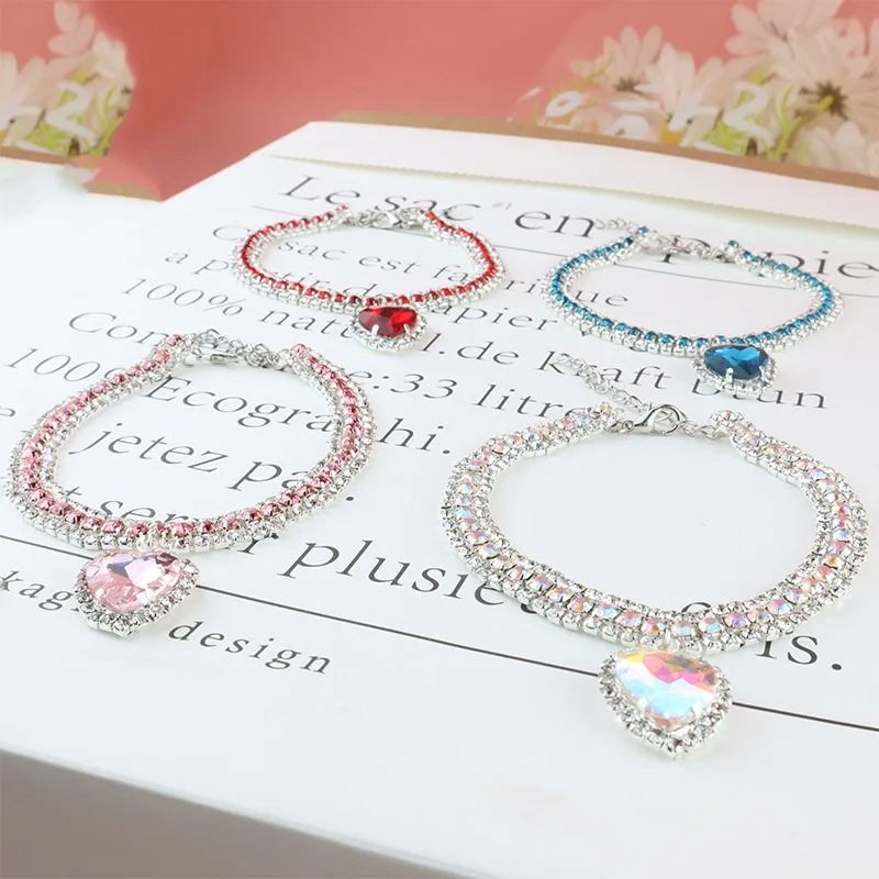 Dog Shiny Rhinestone Cat Heart Dia Jewelry Necklace Pet Bling Princess Collar Puppy Supplies Chihuahua Accessories