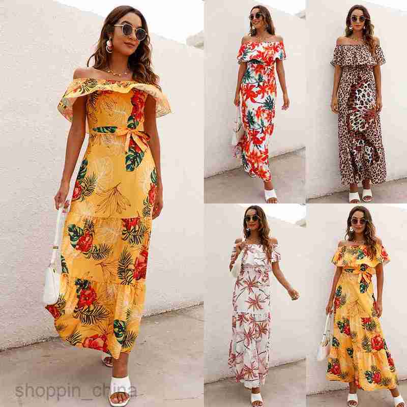 Basic Casual Dresses Women Dress Summer women's printed one neck Ruffle Dress