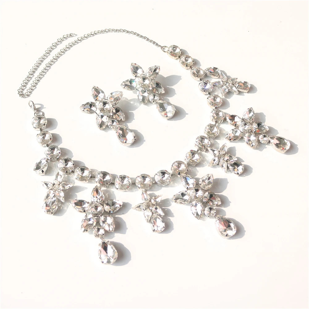 2pc Five pointed Star Crystal Necklace Earrings Pendant Fashion Wedding Party Rhinestone Bridal Accessories Set Jewelry 240627