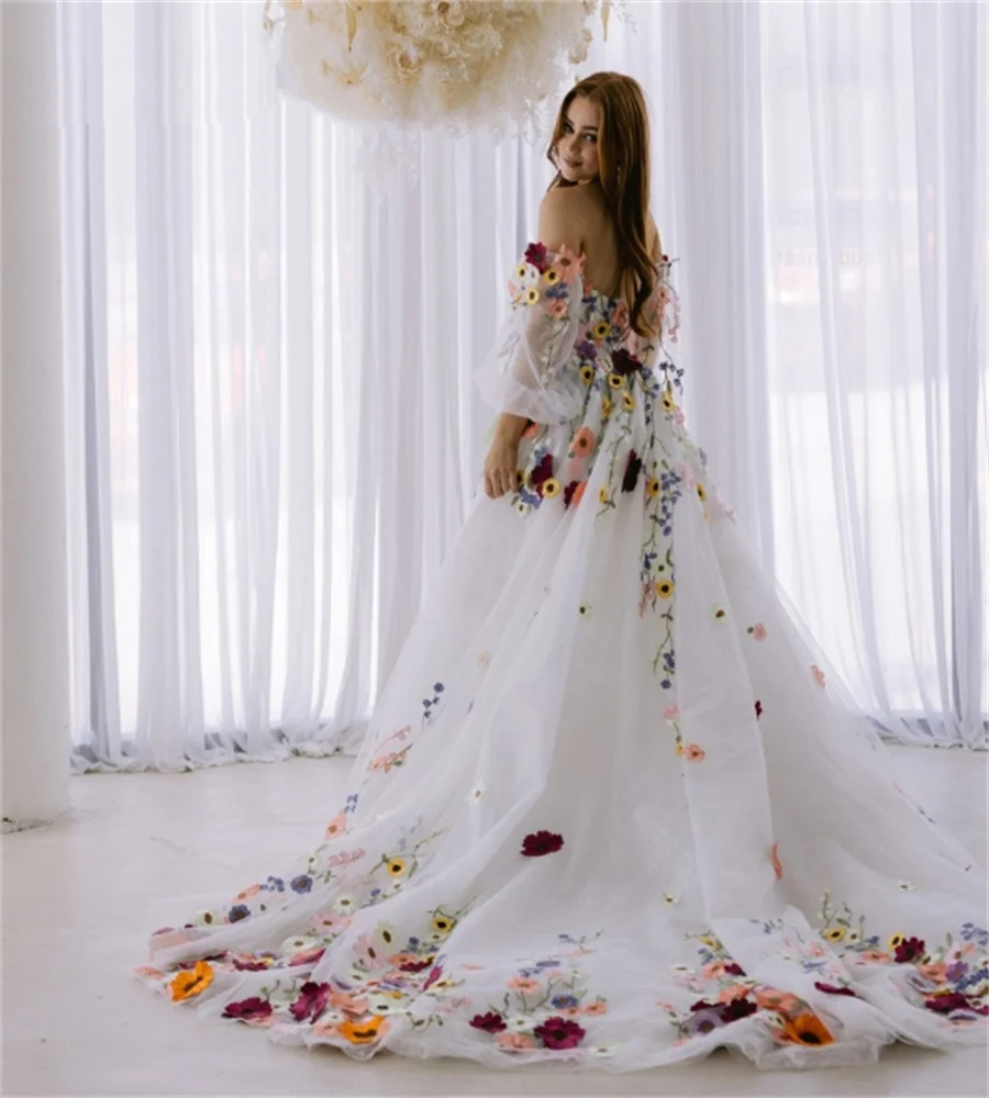 sy Colorful wer Wedding Dresses Boho Fairytale A e 3D ral Appliques Rustic Country Bridal Gowns Detachable Sleeves Ivory Tulle Bride Dress