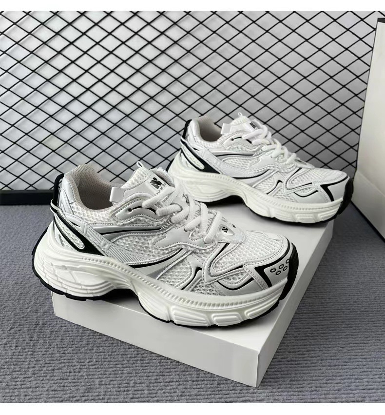Daddy shoes female ins tide 2024 new spring and summer thick bottom sneakers mesh show feet small shoes silver casual shoes 232