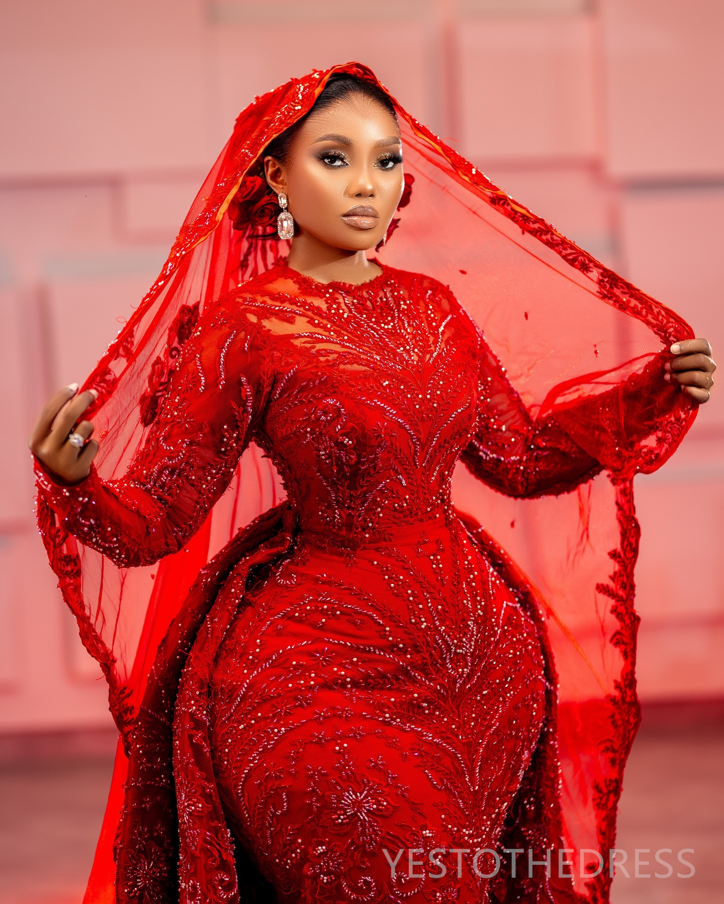 2024 Plus Size Red Prom Dress With Detachable Train Mermaid Promdress Illusion Long Sleeves Jewel Beaded Lace Birthday Dress Second Reception Gowns Ga