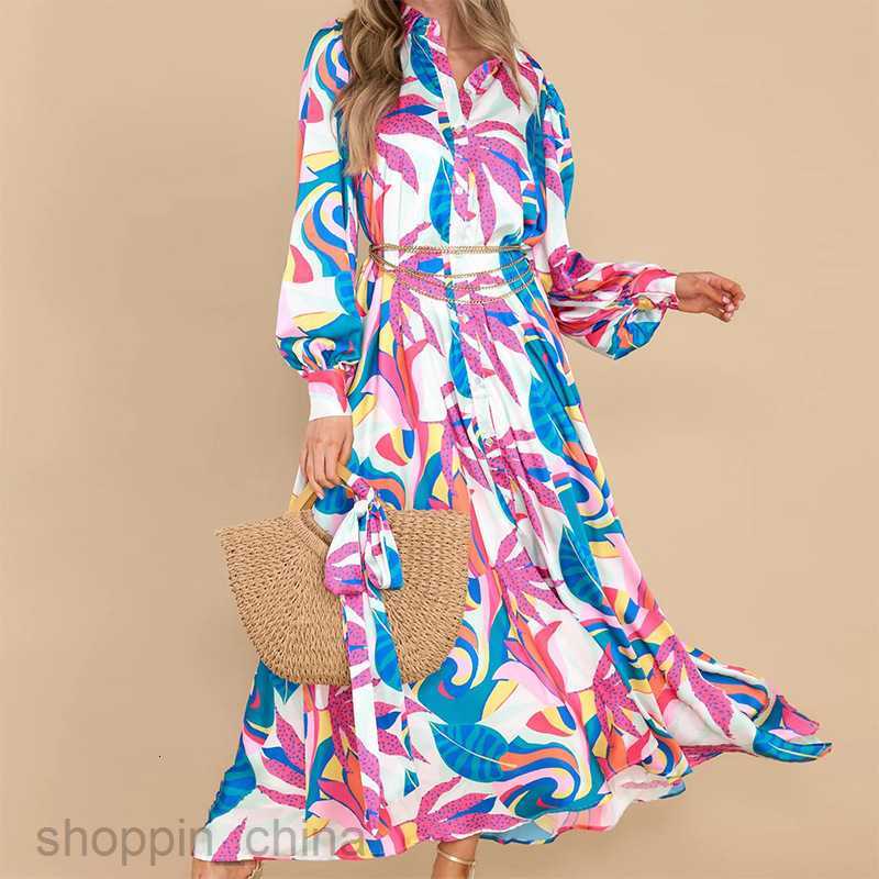 Basic Casual Dresses Women Women's Summer New Loose Long Dress Polo Neck Long Sleeve Lace up Dress 661