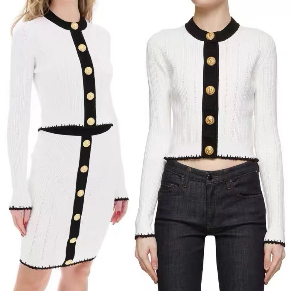 Bajia 2024 spring and autumn new style casual pink color matching knitted cardigan womens niche fashion slim round neck top jacket