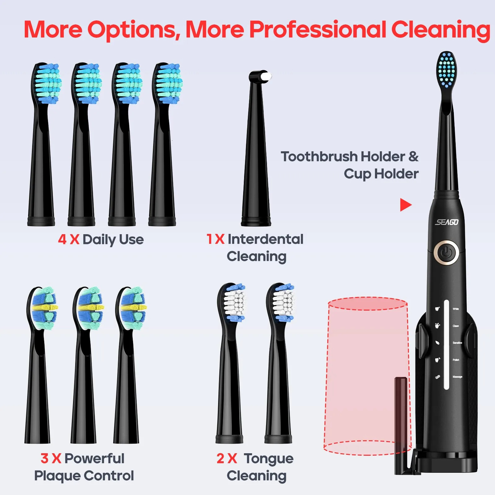 Seago Sonic Electric Toothbrush Tooth brush USB Rechargeable Adult Ultrasonic Teeth Cleaning 10 Replacement Toothbrush Heads 240627