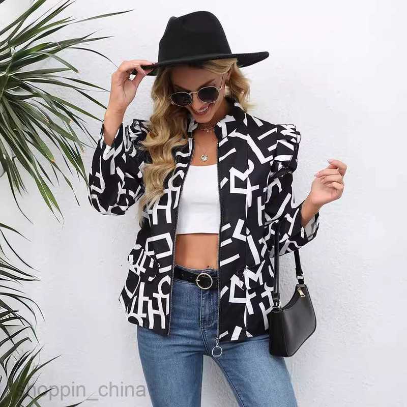 fashion Women Jackets Coats Women's autumn and winter printed zippered round neck long sleeved jacket