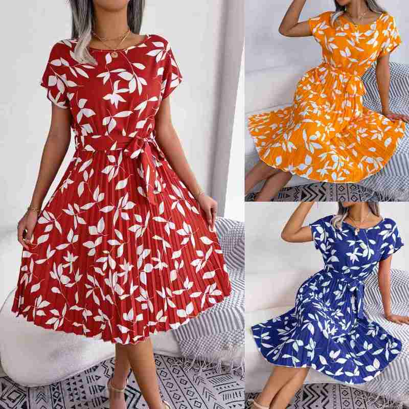 Women Casual Dresses fashion dress style spring/summer casual leaf short sleeved large pleated dress for women