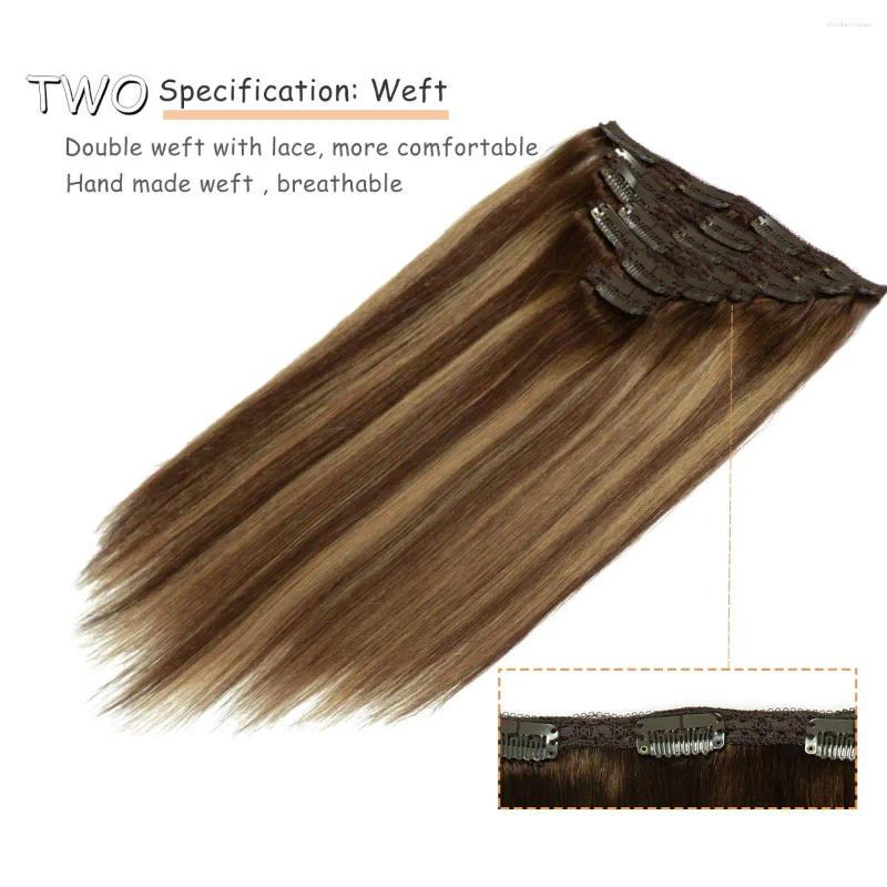 Straight Hair Clip In Human Extensions Real #4/27 Brown Highlights Blonde Ins Remy For Women 120G