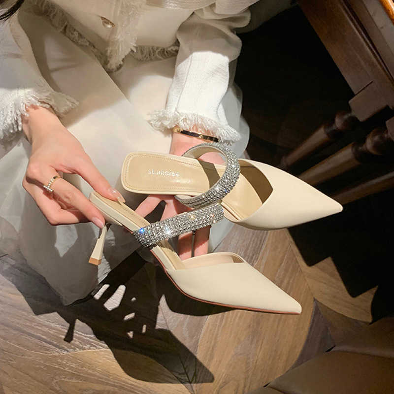 One-line with rhinestone V-point high-heeled sandals black sexy bun head half drag women's shoes Q240627