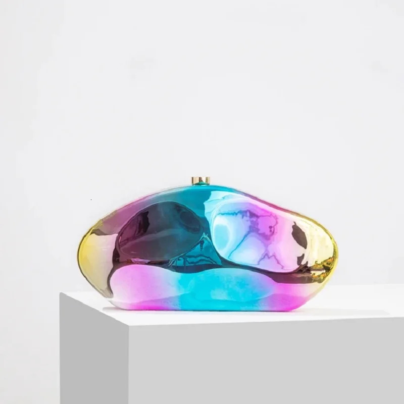 WUXIATE crylic shell shape clutch bag women evening party cute metal shiny purse gold sier blue egg handbag High Quality 240627