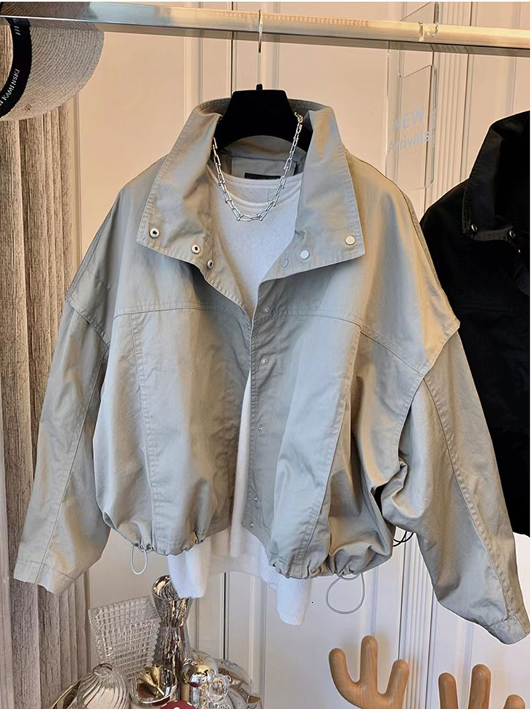 Women's Bomber Stand Collar Loose Windbreaker Coat autumn Drawstring Basic Jacket Female outwear F6.27#43