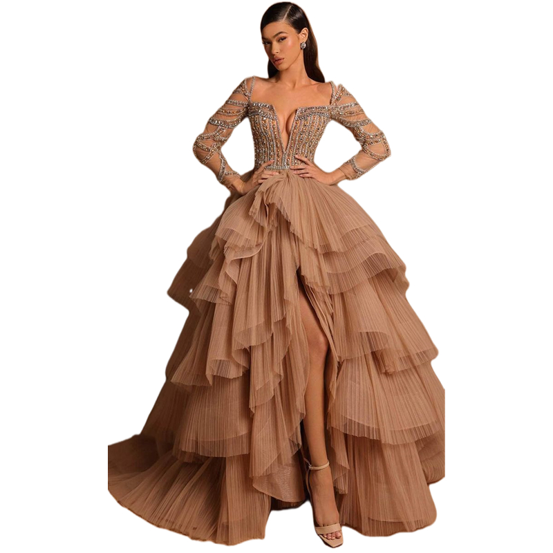 Luxurious Long Sleeves Beaded High Low Prom Dresses Pleats Tulle A-Line Pluffy Evening Formal Gowns Sheer V-Neck Tiered Birthday Party Special Occasio