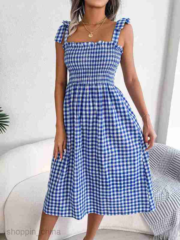 Women Casual Dresses fashion dress style spring summer casual lace up contrast Plaid medium length dress women's dress