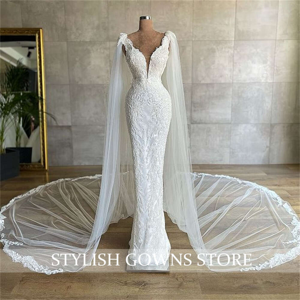 New Lace Wedding Dress Modest Bridal Gown With Cape Mermaid Women Party Gowns 0914