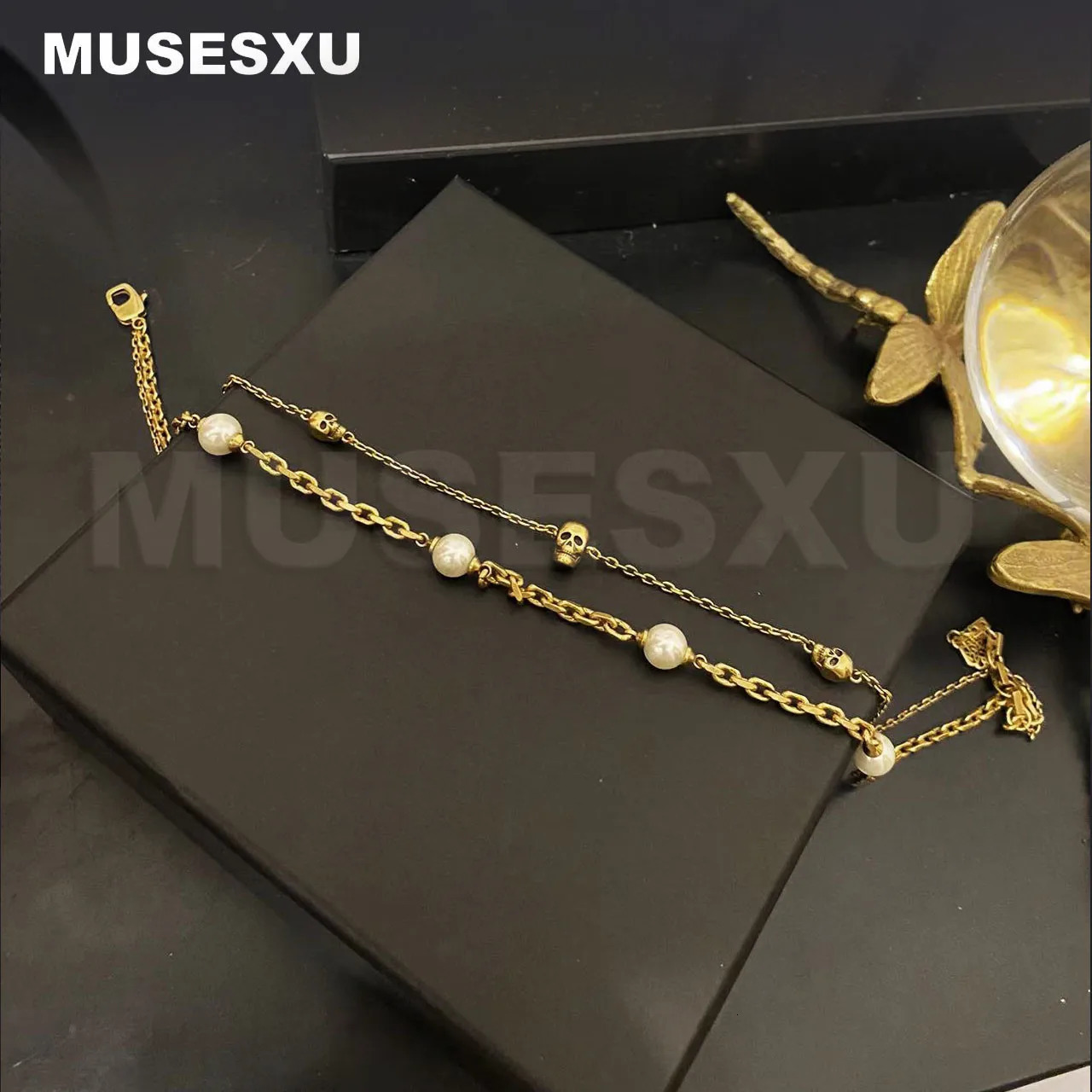 Jewelry Accessories Pearl Pendant Golden Skull Double-Layer Necklace Tassel Earrings Two Piece Jewelry Set For Womens Gifts 240627