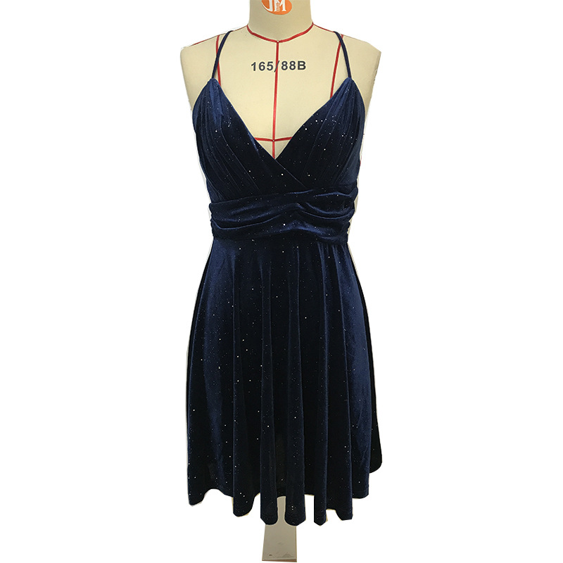 Spring and Autumn New European Gold Velvet Evening Dress Sexy V-neck Open Back suspender Dress
