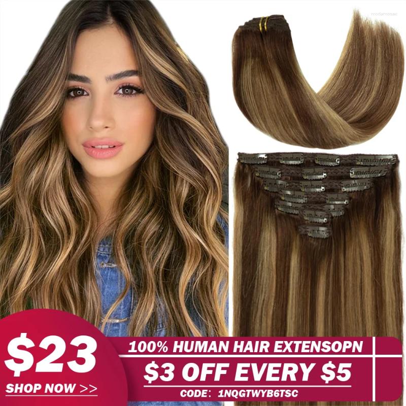 Straight Hair Clip In Human Extensions Real #4/27 Brown Highlights Blonde Ins Remy For Women 120G