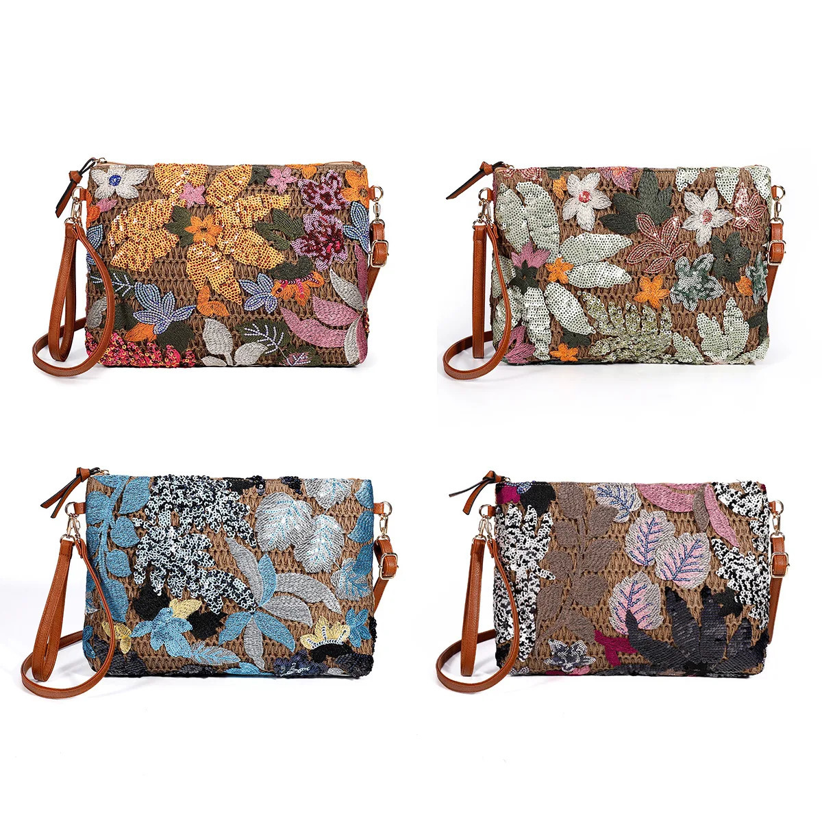 Fashion Embroidered Sequins Clutch Bag for Women Flower Straw Shoulder Crossbody Bags Summer Party Bag Vacation Big Purses 240627