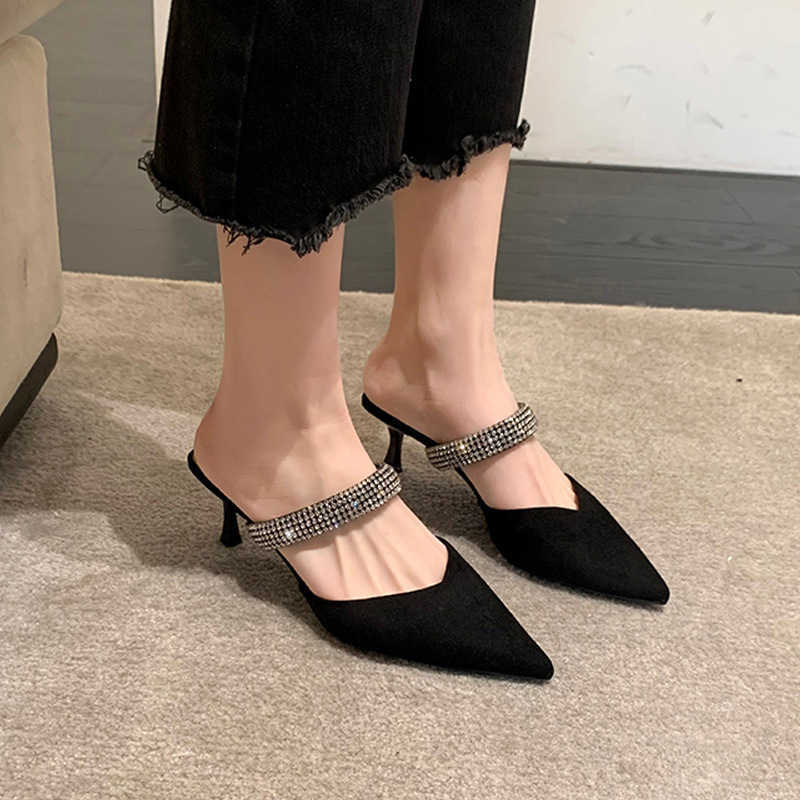 One-line with rhinestone V-point high-heeled sandals black sexy bun head half drag women's shoes Q240627
