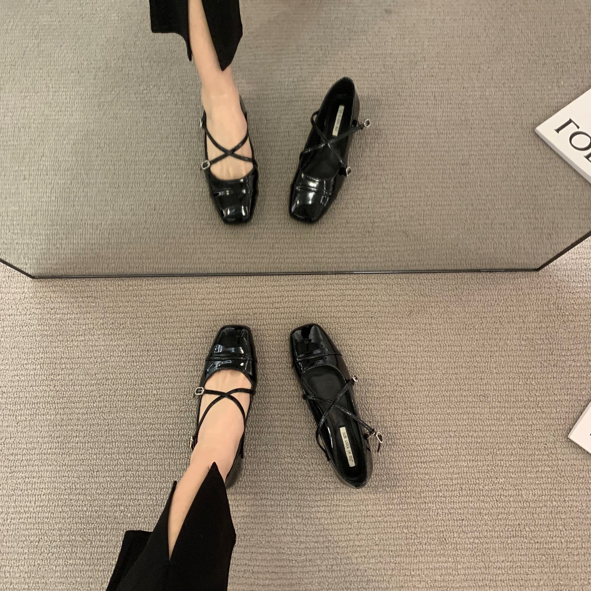 Block Heel Cross Mary Jane Square Toe Single Shoes Women's Shoes 2024 New Spring Flats