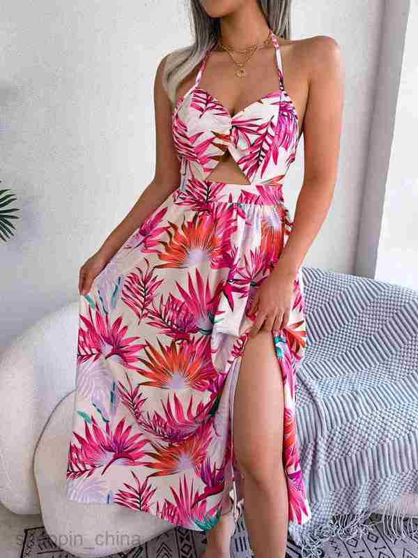 Women Casual Dresses fashion dress Spring/Summer Flower Sleeveless Hollow Hanging Strap Long Skirt Holiday Beach Skirt Women's Wear