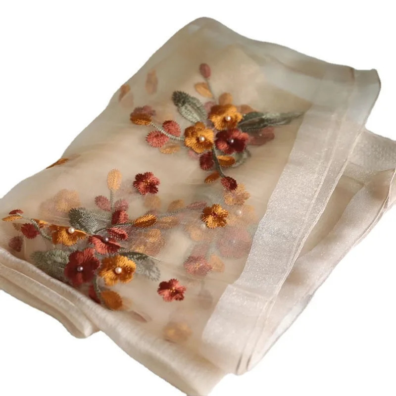 Embroidered Scarf ~ Begonia Embroidery Beads Silk Wool Scarf Womens Spring and Autumn Thin Scarf Gift Scarf 240626
