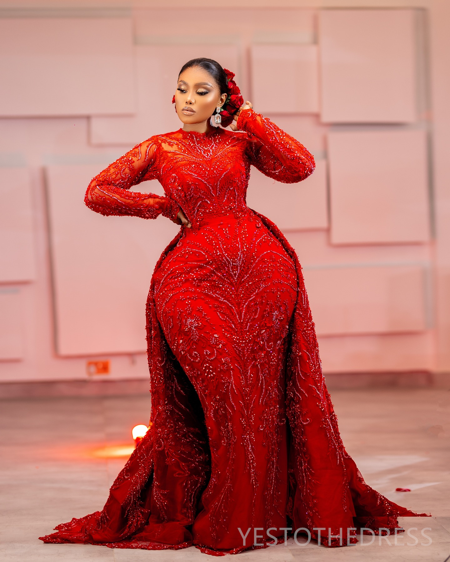 2024 Plus Size Red Prom Dress With Detachable Train Mermaid Promdress Illusion Long Sleeves Jewel Beaded Lace Birthday Dress Second Reception Gowns Ga