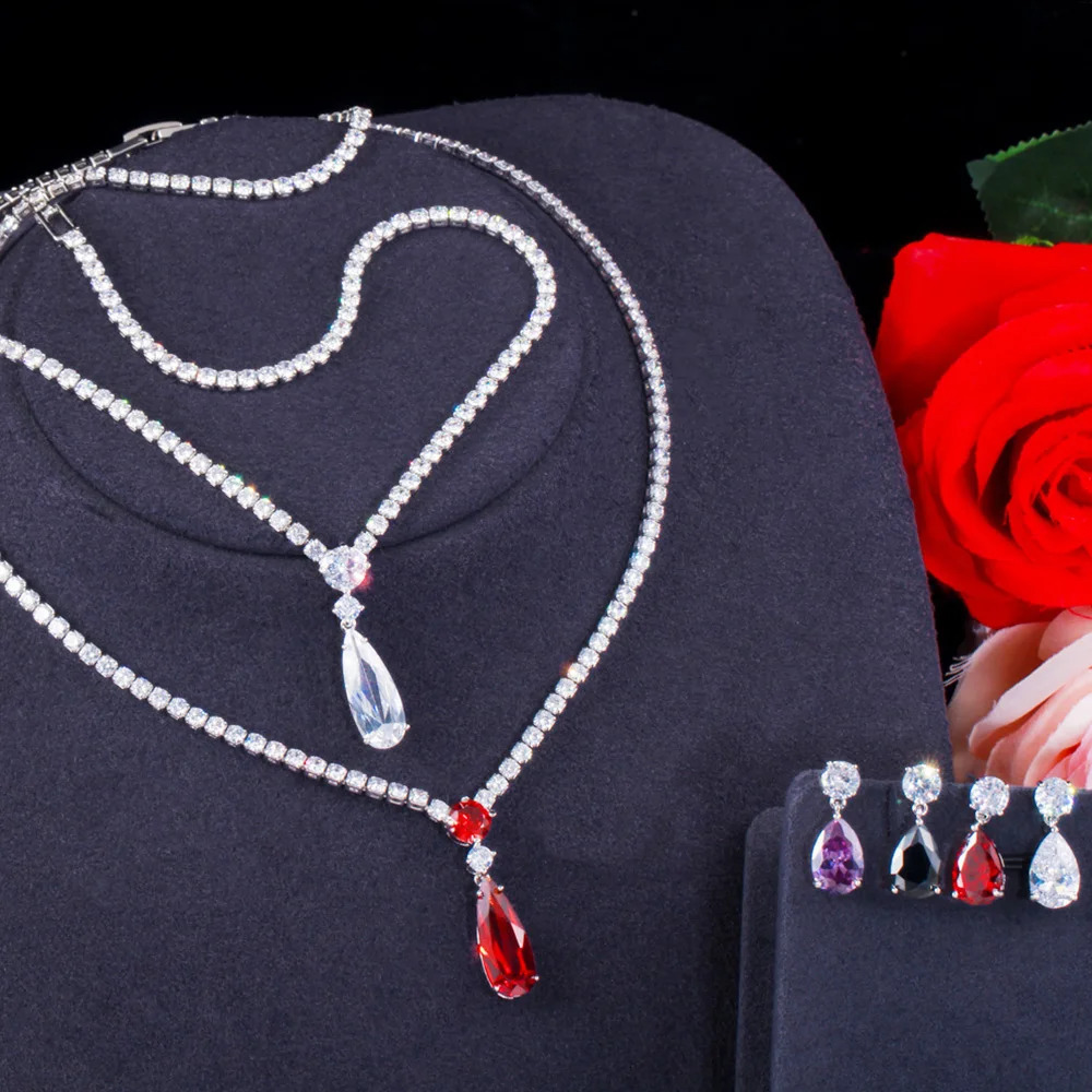 Pera Trendy Mystic Purple CZ Crystal Water Drop Pendant Necklace and Earrings Bridal Wedding Jewelry Sets for Brides Party J429 240627