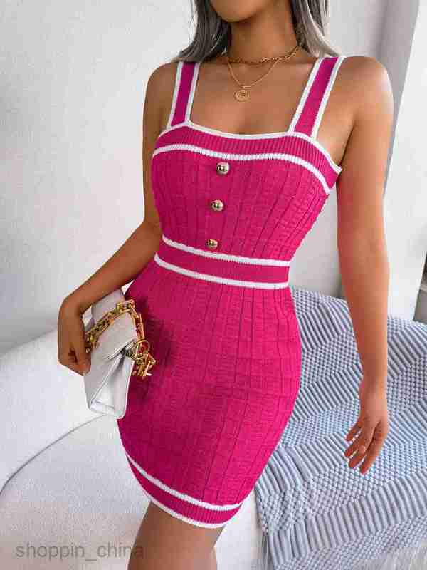 Women Casual Dresses fashion dress Spring/Summer Casual Square Neck Button Contrast Waist Knitted Wrapped Hip Skirt for Women