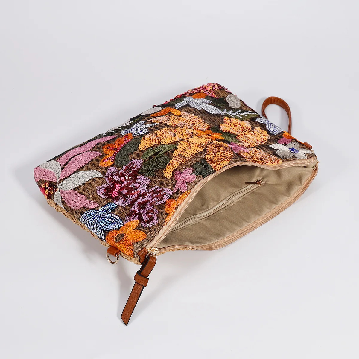 Fashion Embroidered Sequins Clutch Bag for Women Flower Straw Shoulder Crossbody Bags Summer Party Bag Vacation Big Purses 240627