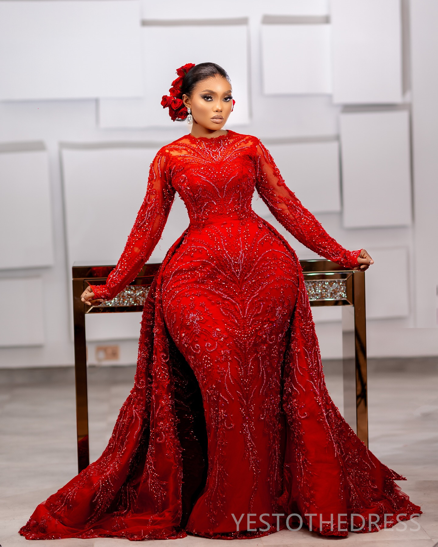 2024 Plus Size Red Prom Dress With Detachable Train Mermaid Promdress Illusion Long Sleeves Jewel Beaded Lace Birthday Dress Second Reception Gowns Ga
