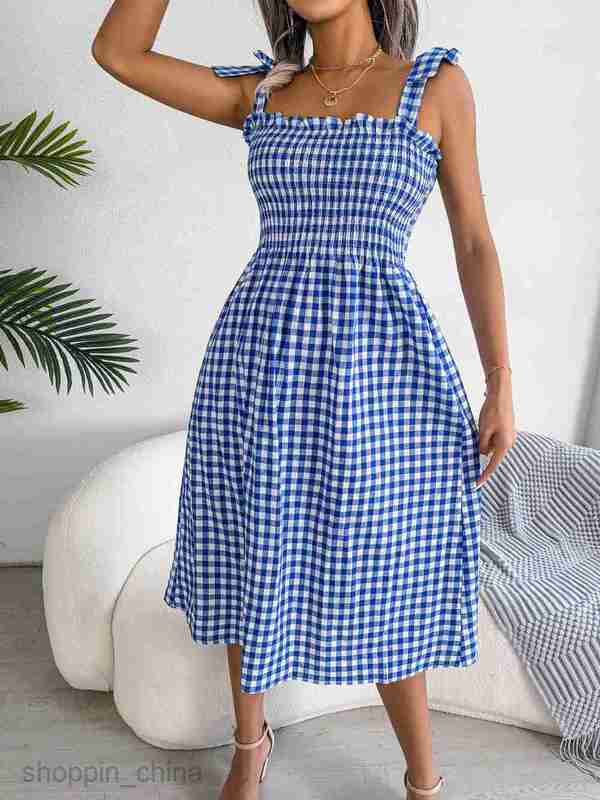 Women Casual Dresses fashion dress style spring summer casual lace up contrast Plaid medium length dress women's dress