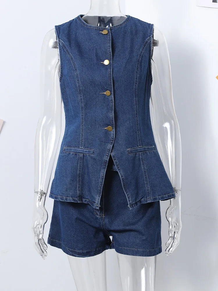 Denim 2 Pieces Sets Women Fashion Slim Oneck Sleeveless Single Breasted Vest Wide Leg Shorts Summer Y2K Lady Outfit 240618