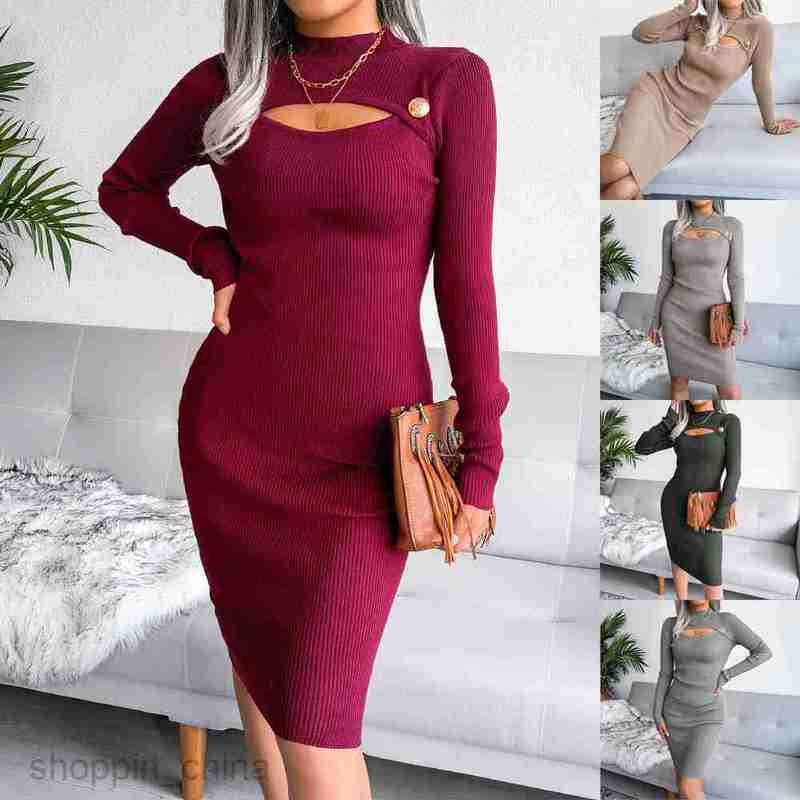 Women Casual Dresses fashion dress style autumn and winter sexy hollow out Hip Wrap Skirt knitted dress women's wear