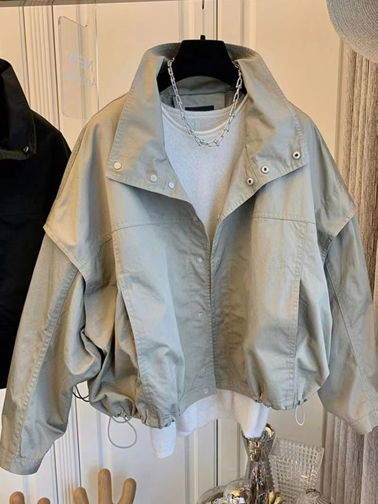 Women's Bomber Stand Collar Loose Windbreaker Coat autumn Drawstring Basic Jacket Female outwear F6.27#43