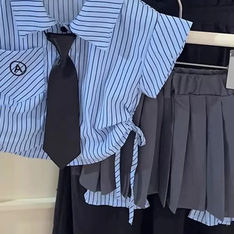 Childrens Clothing Suit Summer Girl Campus Fashionable Stripe Flying Sleeve Shirt Top Irregular Short Skirt School Uniform 240618
