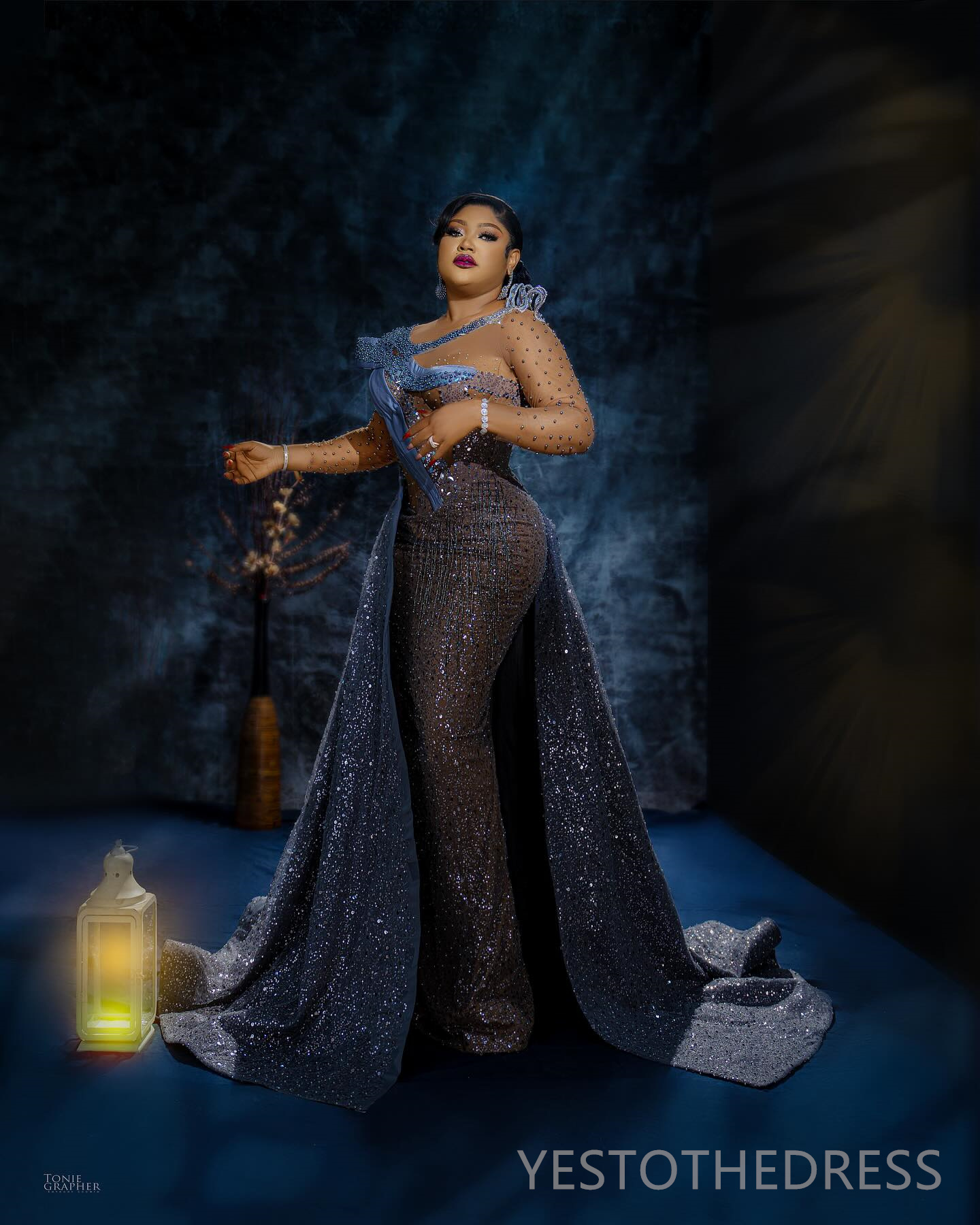 R&W 2024 Plus Size Blue Prom Dress With Detachable Train Mermaid Promdress Evening Formal Long Sleeves Sheer Neck Sequined Lace Beading Reception Gown