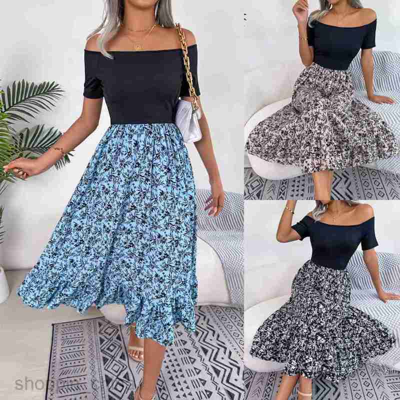 Women Casual Dresses fashion dress Spring/Summer Leisure Shoulder Flower Ruffle Edge Mid length Dress for Women