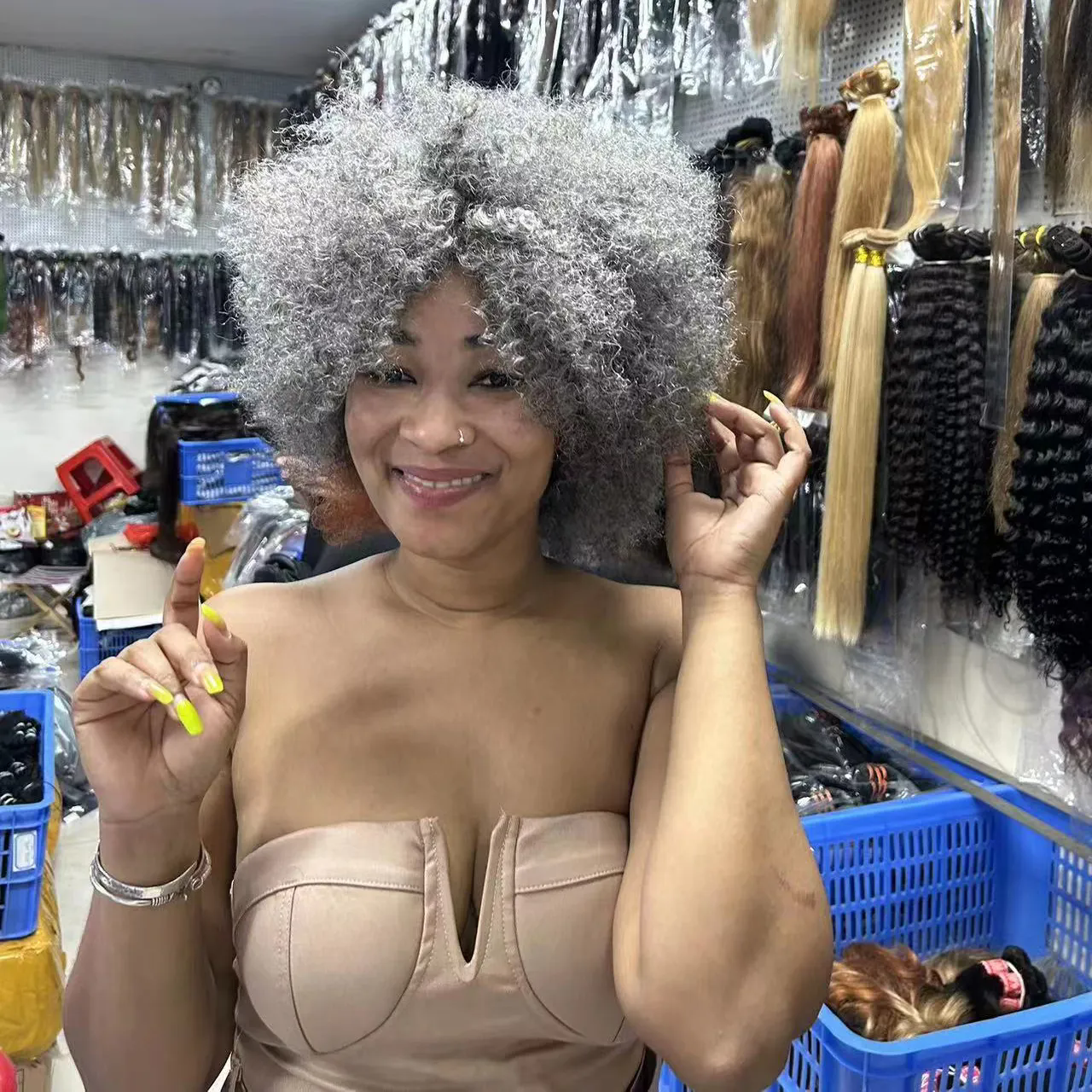 cheap price afro wig 100% human hair free shipping kinky straight Machine Made Wig 10inch Grey color for black women